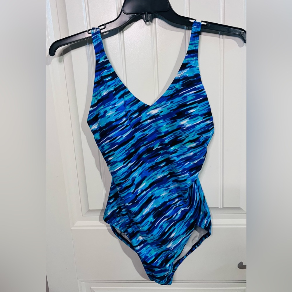 Speedo colorful black blue turquoise white swimsuit Size 12